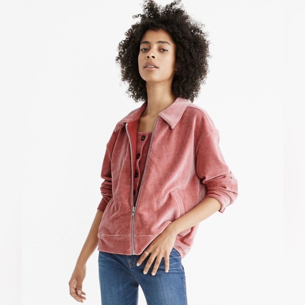 MADEWELL CORDUROY PINK ZIPPER OVERSIZED BOMBER VELOUR JACKET SIZE XXS